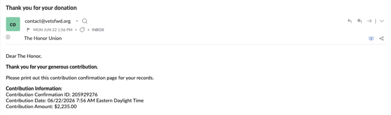 Donation confirmation email